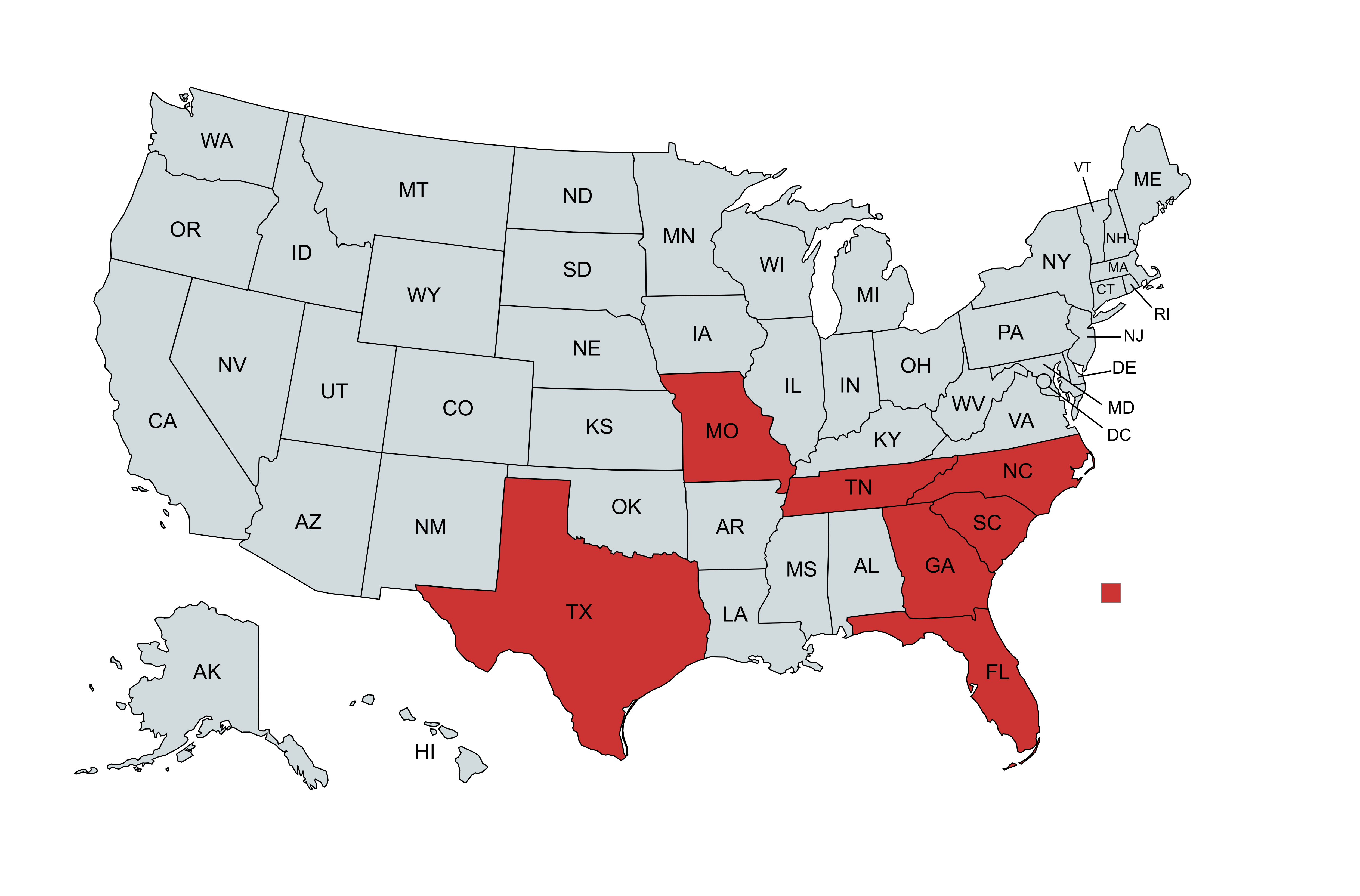 VLS Home Buyers Service Areas Map showing coverage across Texas, Missouri, Tennessee, North Carolina, South Carolina, Georgia, and Florida