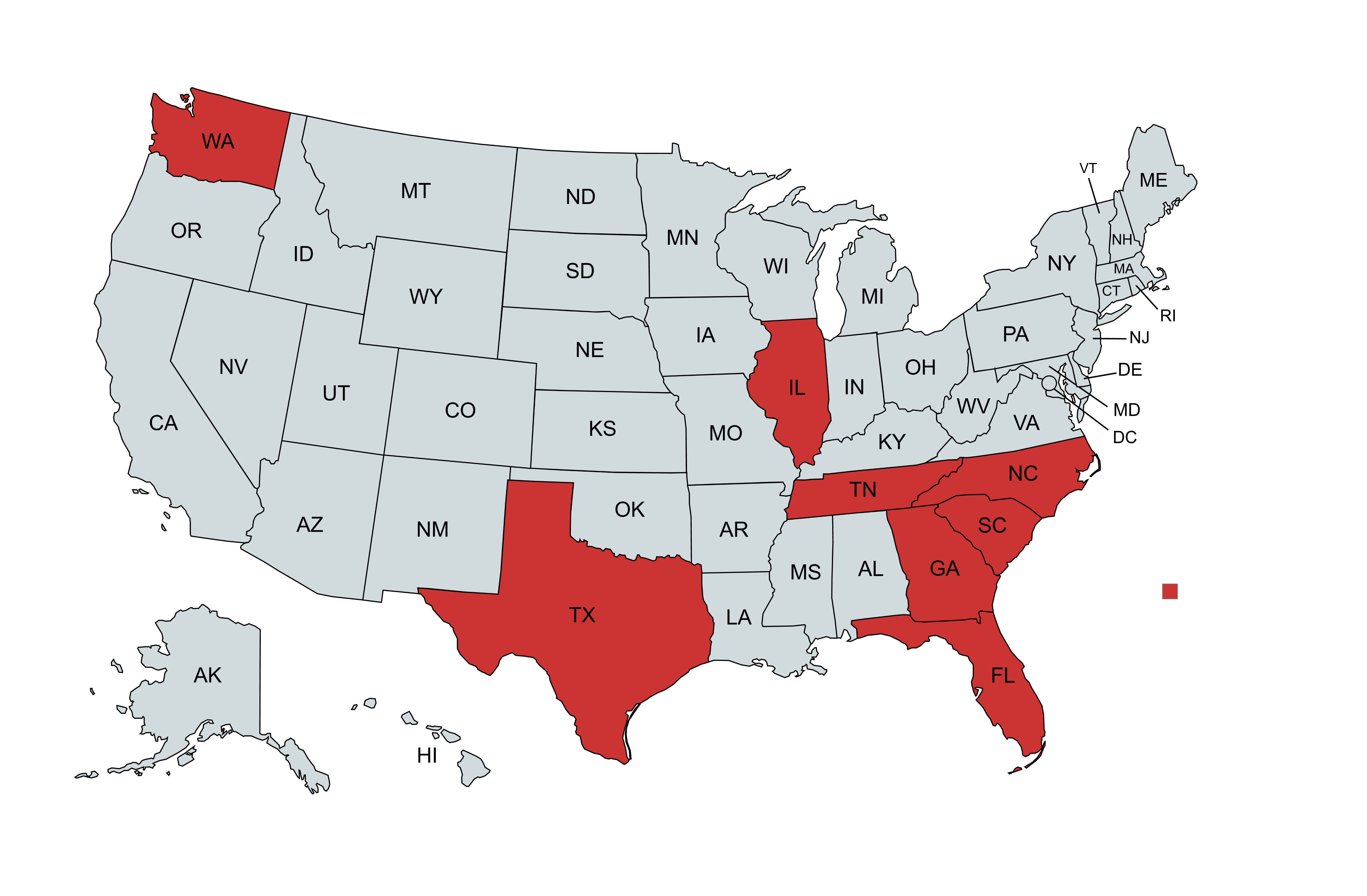 VLS Home Buyers Service Areas Map showing coverage across Texas, Tennessee, North Carolina, South Carolina, Georgia, Florida, Washington, and Illinois